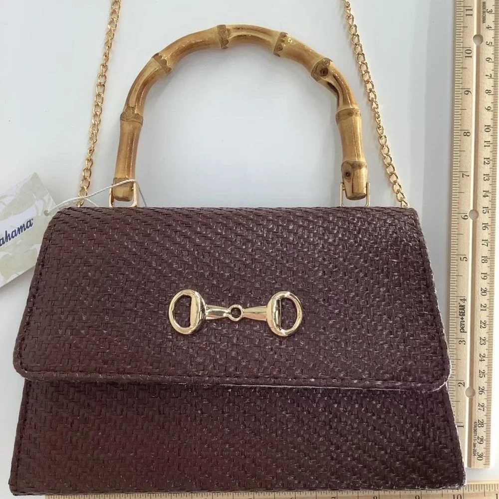Tommy Bahama Brown Woven Bamboo Handle Handbag Gold Horsebit AZ8716 NWT